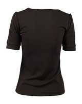 A black women's scoop neck T-shirt with short sleeves, featuring a plain back design.