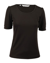 A women's black scoop neck T-shirt with short sleeves and a slight gathering at the sleeves. It features a logo.
