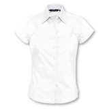 A white short sleeve button-up shirt with a collar, designed for a fitted look. It features a logo.