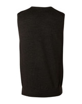 A black men's 100% Merino wool V-neck vest with a ribbed hem and no sleeves. Features branding on the back.