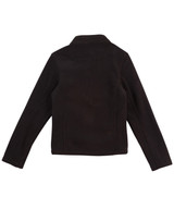 A black polar fleece jacket with a collar, featuring long sleeves and a plain back, including a logo.