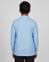 A back view of a light blue long-sleeved polo shirt with a collar, featuring a logo.
