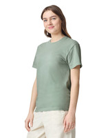 A green heavyweight T-shirt, featuring short sleeves and a crew neck, displayed on a model.