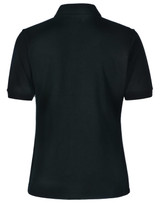 A black polo shirt featuring a collar and short sleeves, with a logo on the back.