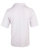 A white children's cricket polo shirt featuring short sleeves and a collar. Includes a logo on the front.