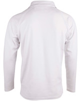 A long-sleeve white cricket polo shirt with a collar, featuring a simple design and a logo.
