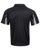 A black polo shirt featuring grey detailing and a logo on the back.