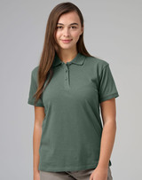 A women's cotton stretch polo in dark green, featuring a collar and a logo on the chest.