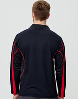 A men's long sleeve polo shirt in black with red accents, featuring a collar and a logo.