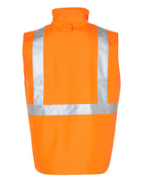 A bright orange reversible safety vest featuring reflective silver hoop patterns and a collar.