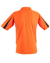 An orange hi-vis short-sleeve polo shirt with contrasting details and a logo on the back.