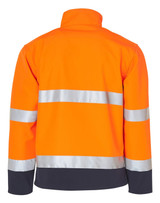 A bright orange safety jacket featuring silver reflective stripes and a navy blue lower section, with a collar.
