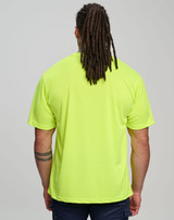 A bright yellow safety tee with a simple design, featuring a logo on the back. Suitable for high-visibility workwear.