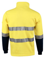 A yellow and navy two-tone fleece jumper featuring reflective 3M tape, with a back view. It has a logo.