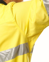A yellow cotton drill shirt with 3M reflective tape details, featuring a logo on the fabric.