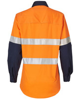 A high-visibility long-sleeve safety shirt in orange and navy, featuring reflective strips and a branded logo.