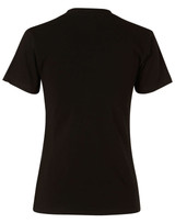 A black ladies' V-neck short sleeve T-shirt with a simple design and no visible branding.