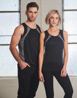 A black sprint singlet for women with grey detailing, featuring a logo, displayed on a model.