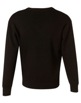 A black V neck wool and acrylic knit jumper with long sleeves and a simple design, featuring a logo.