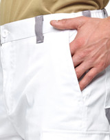 Unisex utility stretch cargo work shorts in white, featuring side pockets and grey detailing. Includes a logo tag.