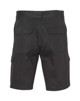A pair of black heavy cotton drill shorts featuring multiple pockets and a back view design.