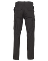 Black cargo pants featuring drill pant pockets on the leg, with a stout fit and a logo on the waistband.