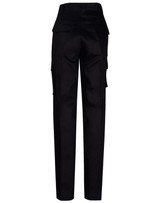 Black long fit work pants with multiple pockets and a logo at the waistband. Rear view displayed.