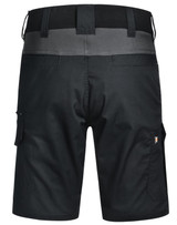 Work shorts in black with a grey waistband, featuring pockets and a logo on the side.