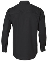 A long-sleeve cotton work shirt in black with a logo on the back.