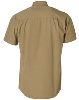 A short sleeve work shirt in a khaki colour, featuring a simple design with a back yoke and a logo.