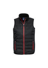 A black vest with red accents and a high collar, featuring zippered pockets and a logo.