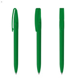 A set of three green plastic pens, featuring different angles and designs, with a logo on one.