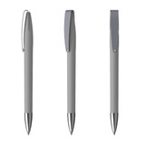A set of grey plastic pens with soft grips, featuring silver accents and clips, displayed from different angles.