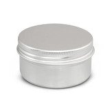 A silver citronella candle in a round metal tin with a smooth lid. The design is simple and sleek.