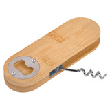 A drink bottle opener made from bamboo, featuring a stainless steel cap remover and a corkscrew.