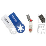 A drink bottle holder in blue and white, featuring a logo, designed to keep bottles secure.