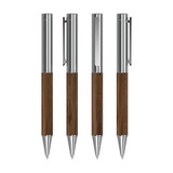 A set of four metal pens with wooden grips, featuring a glossy silver finish and a subtle logo.