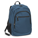 A blue backpack with a black zip pocket, featuring adjustable straps and a mesh side pocket.