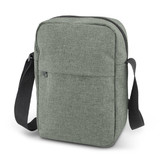 A green fabric travel bag with a zipper closure and an adjustable black strap. It features a front pocket and has a logo.