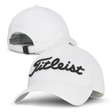 A white cap featuring a large embroidered logo and an adjustable strap at the back.
