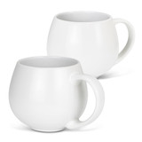 A coffee mug in a rounded design, featuring a glossy white finish and an ergonomic handle. It includes a logo.