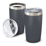 A drink bottle set featuring two dark grey vacuum cups with stainless steel rims and clear lids.
