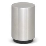 A drink bottle opener in a sleek silver finish with a black base, featuring a minimalist design and no visible branding.