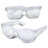 Clear blue light glasses with a stylish frame, featuring a logo on one side. Suitable for leisure and outdoor activities.