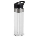 A drink bottle with a transparent body, stainless steel band, and black lid. It features a built-in straw and a logo.