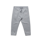 Grey kids' track pants featuring an elastic waistband, drawstring, and side pockets. The design has a simple, sporty style.