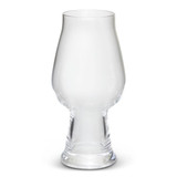 A clear glass beer glass with a unique shape, featuring a wide base and flared top, perfect for beer.