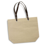 A beige tote bag with brown straps and metal accents, featuring a simple design and no visible logos.