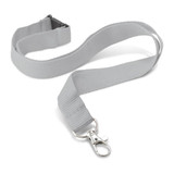 A grey custom printed lanyard featuring a clip for attachment and a plastic buckle.