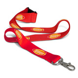 A bright red lanyard with the Bandai Namco logo, featuring a sturdy clip at one end and a smooth finish.